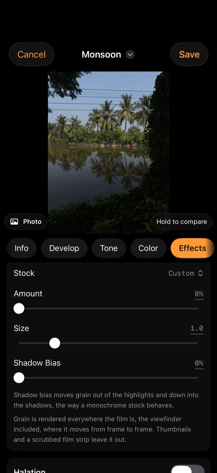 Film editor, Effects tab with grain controls